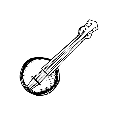 Banjo classical musical instrument vector illustration isolated. Symphony orchestra stringed Irish instrument ink hand drawn. Element black white for design wrapping, postcard, brochure, invitation.