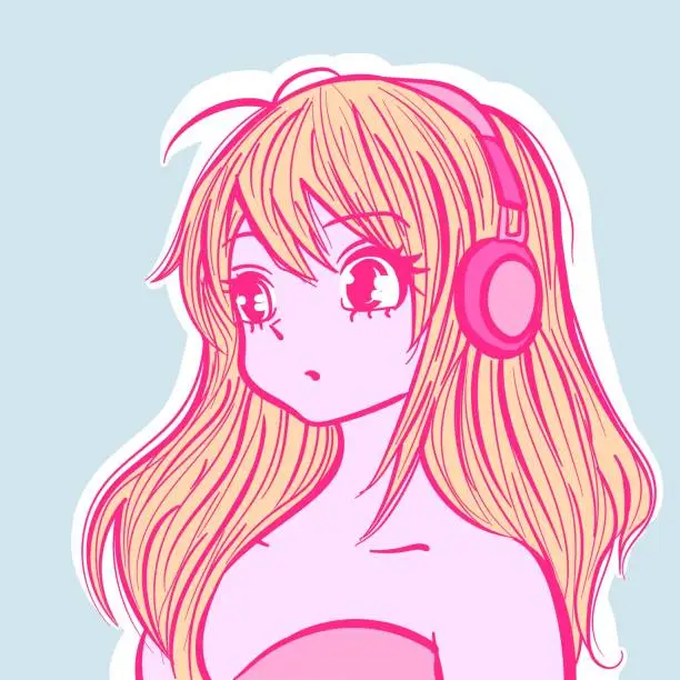 Vector illustration of Illustration of a lofi anime girl wearing headphones and listening to music. Vector of a manga japanese doll with pastel colors