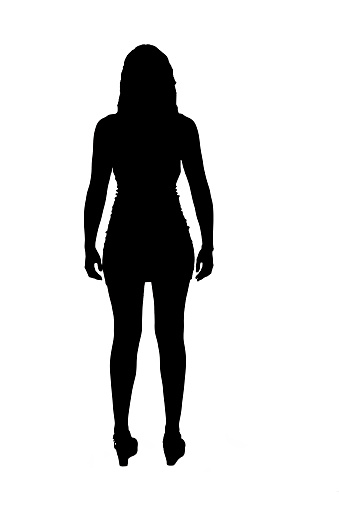 rear view silhouette of young girl standing dressed in short dress on white background