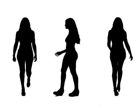silhouette of same young girl walking on white background