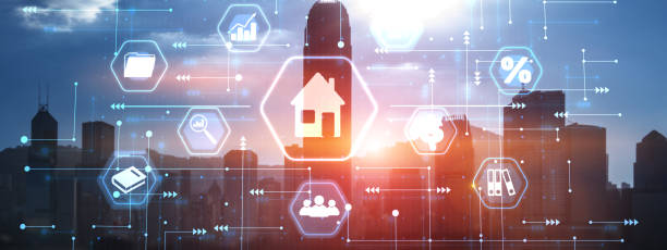 istock Smart home technology icon on city background. Automation Control System 1513438181