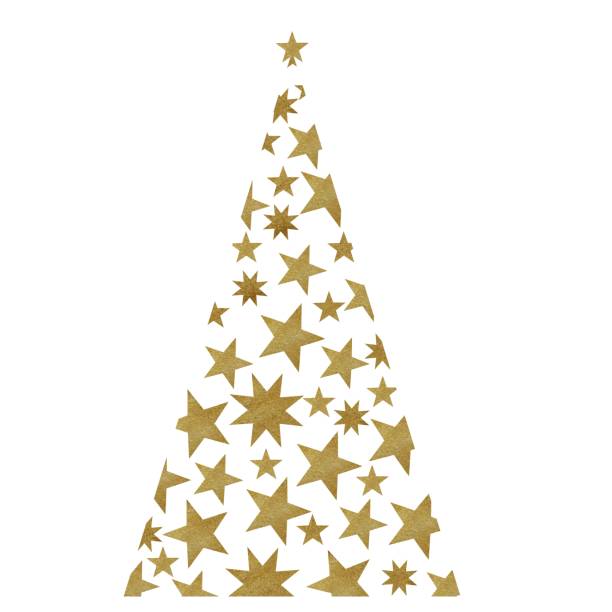 istock Hand-drawn watercolor decorative stylized christmas tree with golden texture. Consists of golden stars. 1513455969