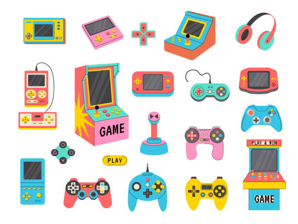 Game consoles. Vintage retro gadgets for kids pleasure relax time gaming stuff recent vector stylized pictures set of gadget for gaming entertainment, control gamepad illustration