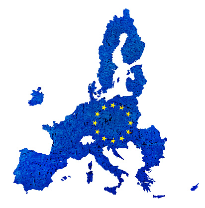 Scratched, textured map of the European Union overlaid with the EU's blue flag and its circle of yellow stars. Map outline adapted from public-domain source at https://commons.wikimedia.org/wiki/File:European_Union_map.svg