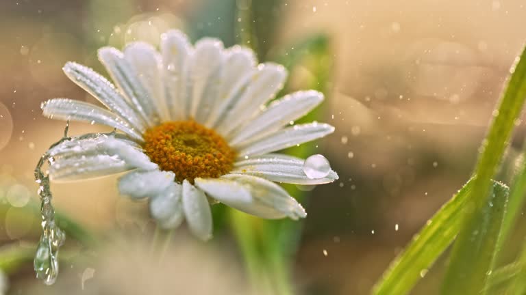 SLO MO LD Waterdrops on the petals of a daisy flower