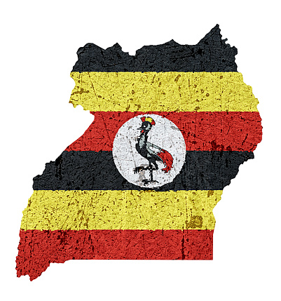 Scratched, distressed map of Uganda overlaid with the national flag of the country. Map outline adapted from public-domain source at https://commons.wikimedia.org/wiki/File:Un-uganda.png