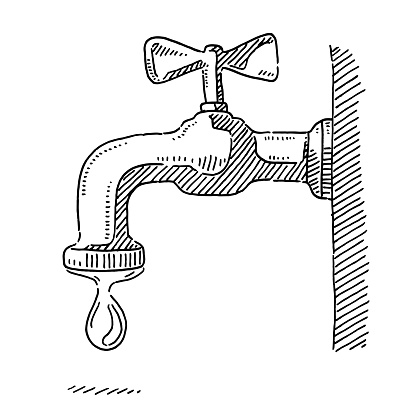 Hand-drawn vector drawing of a Water Tap and a Drop. Black-and-White sketch on a transparent background (.eps-file). Included files are EPS (v10) and Hi-Res JPG.