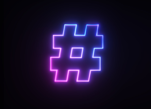 Glowing hashtag symbol on black background. Horizontal composition.