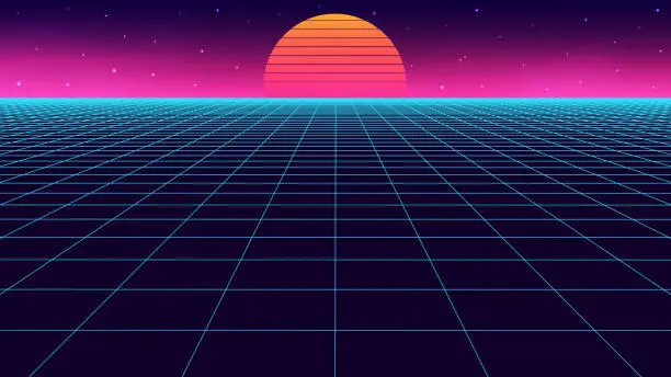 Vector illustration of Vector perspective grid in retro style. Detailed lines on dark background.