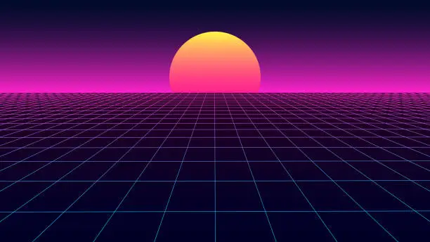 Vector illustration of Vector perspective grid in retro style. Detailed lines on dark background.