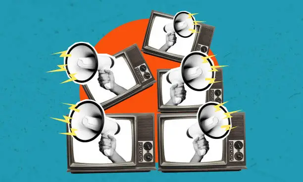 Art collage, TV speaker on blue background. News or propaganda concept from an old and vintage TV.