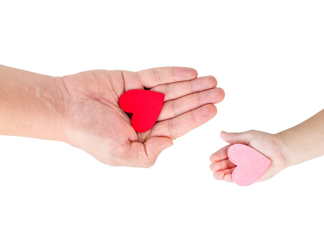 Adult and child hand holding hearts isolate on white background