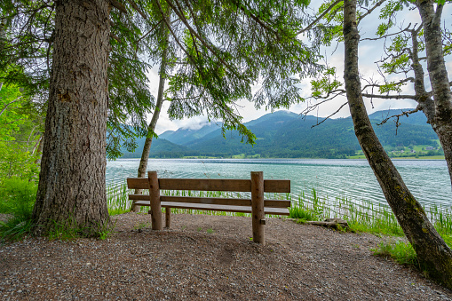 Bench with a view over the Weissensee or Weißensee lake in Carinthia in Austria within the Gailtal Alps mountain range during an overcast springtime day.