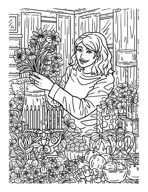 Vector illustration of Hanukkah Mom Preparing Flowers Adults Coloring