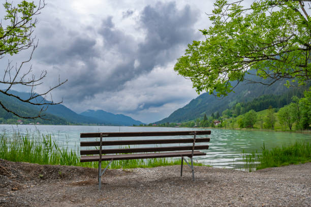 Bench with a view over the Weissensee or Weißensee lake in Carinthia in Austria within the Gailtal Alps mountain range during an overcast springtime day.