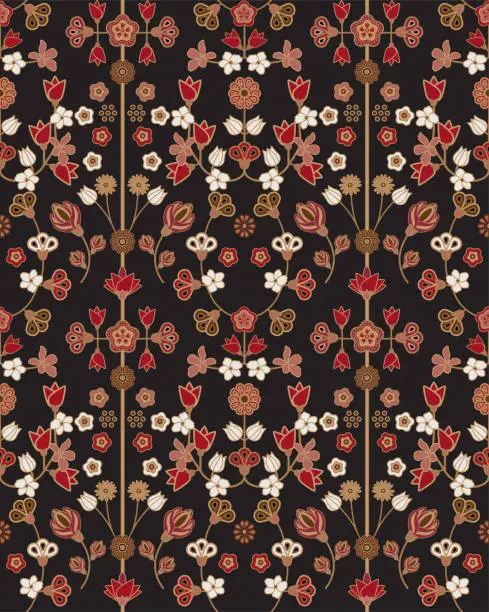 Vector illustration of Ethnic floral pattern with red flowers on a black background. Ornate damask fabric swatch.