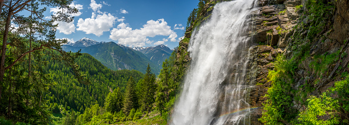 Stuibenfall waterfall bigest waterfall in Tirol in the Ötztal valley in Tyrol Austria during a beautiful springtime day in the Alps.