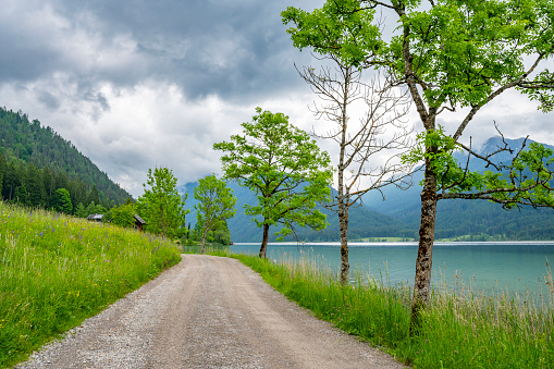 Footpath along the Weissensee or Weißensee lake in Carinthia in Austria within the Gailtal Alps mountain range during an overcast springtime day.