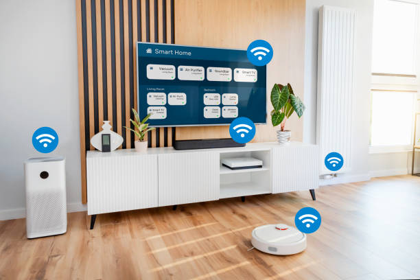 Smart home devices, controlled by smart app stock photo