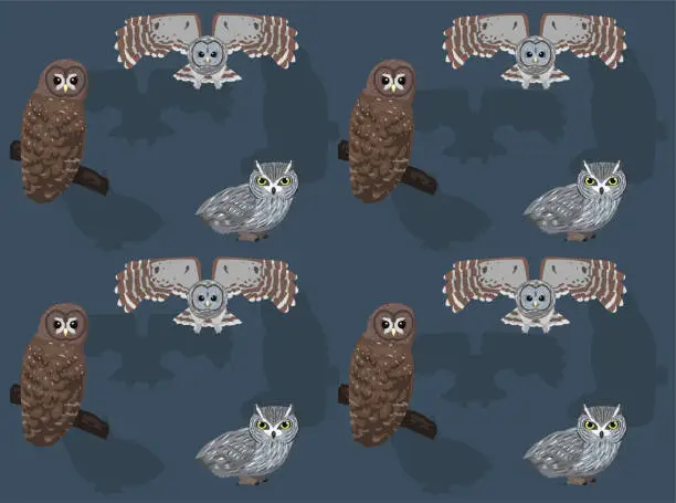 Vector illustration of Bird Spotted Barred Screech Owl Set Cute Cartoon Seamless Wallpaper Background