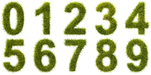 Green grass digits 0 1 2 3 4 5 6 7 8 9 isolated on white background. See the other images for letters.