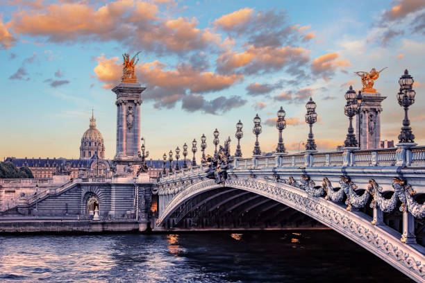 puente alexandre iii en parís al atardecer - electric light arch architecture building exterior fotografías e imágenes de stock