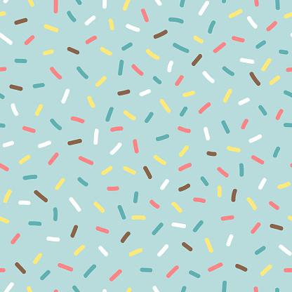Yummy sprinkle seamless pattern on light blue background. Sweet vector illustration, perfect for party decoration and candy shop. Square repeat pattern design. Vector illustration.