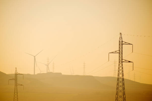 Wind turbine generators for renewable electricity production stock photo