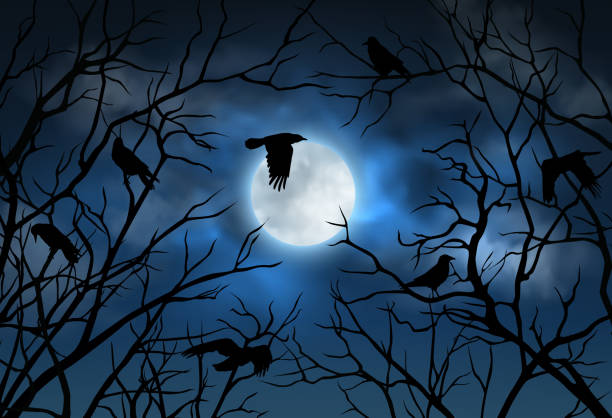 istock Vector illustration of night sky with glowing full moon, clouds and silhouettes of crooked branches and flying crows 1513596442