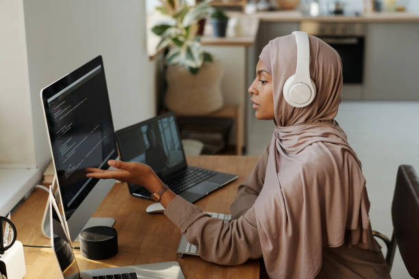Young Muslim female programmer pointing at data on computer screen stock photo