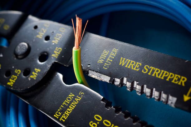 Close-up of a cable stripped by a wire stripper stock photo
