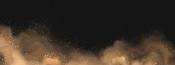 Realistic cloud of brown dust on transparent Realistic cloud of brown dust on transparent background. Vector illustration of sand storm in desert, smog mist with dirt particles flying in air, explosion effect. Ash in atmosphere. Hurricane wind dust pollution stock illustrations