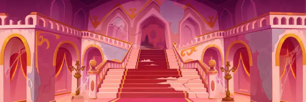 Vector illustration of Old messy castle interior with broken stairs