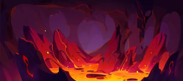 Vector illustration of Game background of hell with lava in rock cave