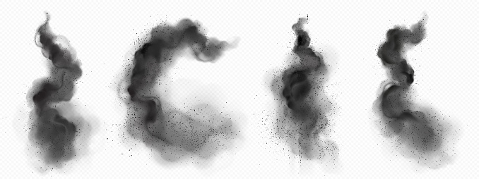 Realistic set of black smoke trails isolated on transparent background. Vector illustration of abstract ash clouds with particles flying in air. Plane, rocket, missile launch effect. Explosion smog