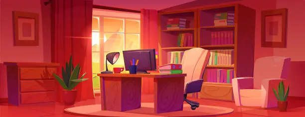 Vector illustration of Vector home office interior with desk in morning