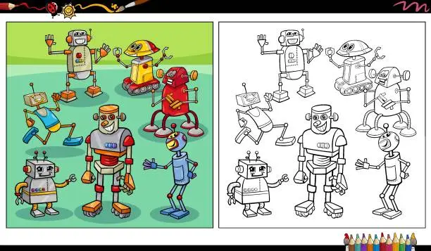 Vector illustration of cartoon robots or droids characters group coloring page