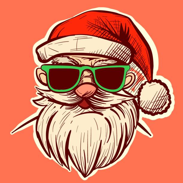 ilustracja przedstawiająca głowę świętego mikołaja w zielonych okularach przeciwsłonecznych i czerwonym świątecznym kapeluszu. wektor starego człowieka w zimowych ubraniach - santa claus christmas glasses mustache stock illustrations