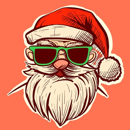 Illustration of a Santa Claus head wearing green sunglasses and a red christmas hat. Vector of an old man in winter clothes