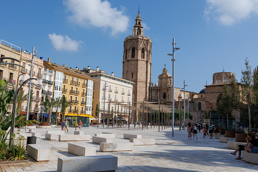 Placa de la Reina, Famous Square with People in Valencia, Spain