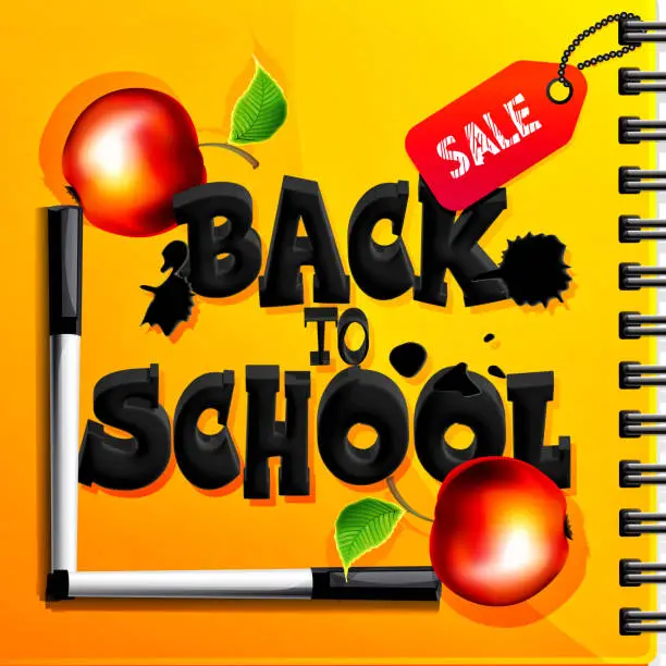 Vector illustration of School education concept in cartoon style. School sale. Volumetric greeting text with apples and felt-tip pens on the background of a notebook.