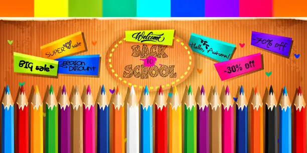 Vector illustration of School education concept in cartoon style. A set of multi-colored pencils on an abstract cardboard background with multi-colored sticky notes.
