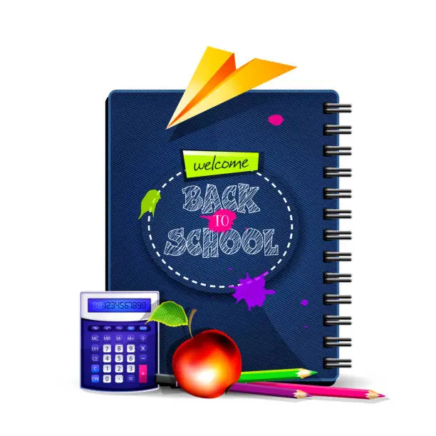 Vector illustration of School education concept in cartoon style. Denim notebook with an apple, colored pencils, a calculator and a paper airplane on an isolated white background.