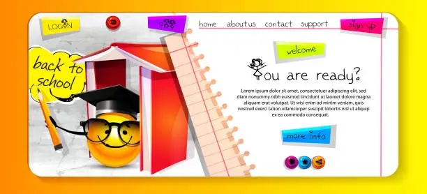 Vector illustration of School education concept in cartoon style. Back to school. Cheerful anthropomorphic emoticon with textbooks on a chalkboard background and space for text. Creative web banner or web template.