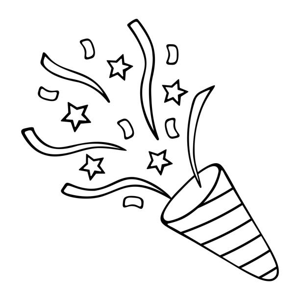 Clapperboard. Ribbons, serpentine and stars fly from the conical shape. Cap with a spiral pattern. Clapperboard. Ribbons, serpentine and stars fly from the conical shape. Cap with a spiral pattern for a birthday. Vector illustration. Doodle style. Outline on isolated background. Coloring book for children. Idea for web design. coil tubing stock illustrations