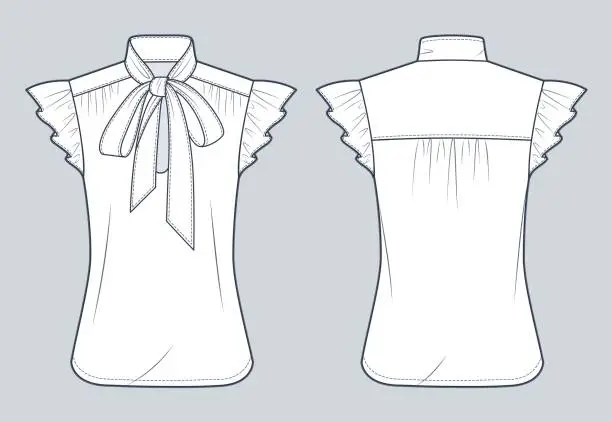 Vector illustration of Bow Tie Neck Shirt technical fashion Illustration. Tie Neck Blouse fashion flat technical drawing template, short flutter sleeve, front and back view, white, women CAD mockup.