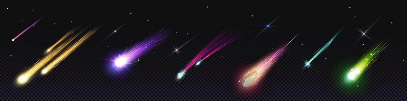 Realistic set of falling comets with speed trails. Vector cartoon illustration of meteor, asteroid or star flying down with colorful sparkling tail isolated on transparent background. Meteorite shower