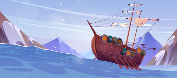 ilustraciones, imágenes clip art, dibujos animados e iconos de stock de barco vikingo de dibujos animados flotando en el mar tormentoso - storm pirate sea nautical vessel