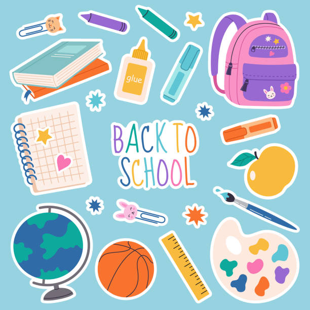 ilustrações de stock, clip art, desenhos animados e ícones de set of school supplies and education stickers isolated on blue background. back to school. suitable for prints, cards, paper crafts, scrapbooking. - scrapbooking office supply art and craft equipment scissors