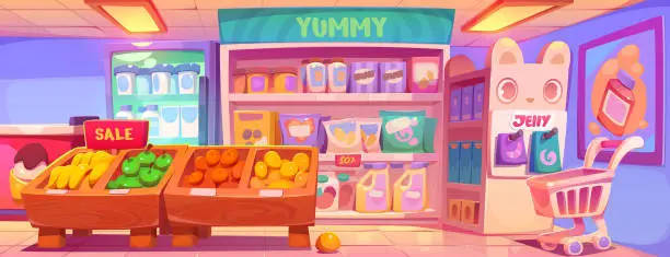 Vector illustration of Cartoon grocery store with kawaii style goods